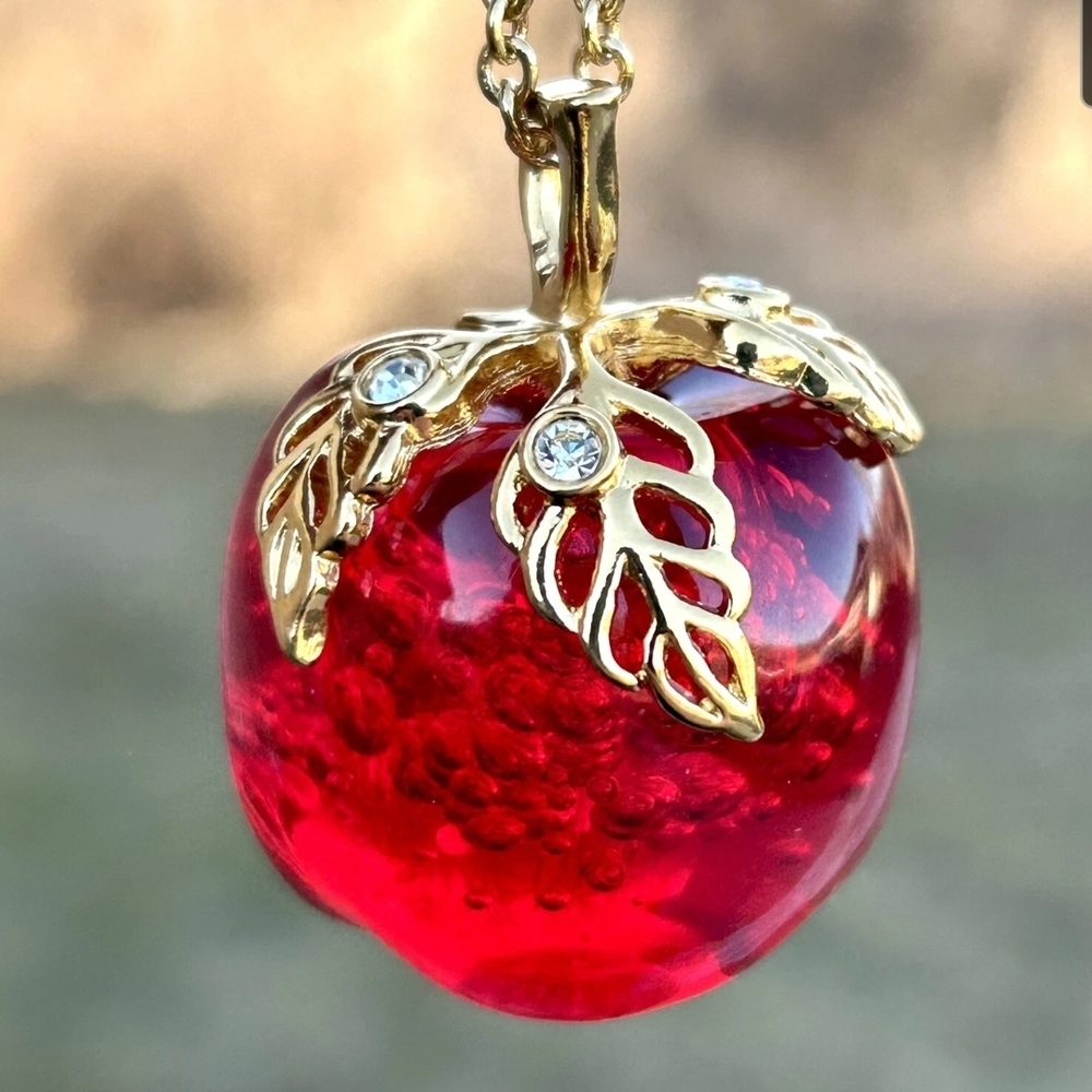 Vintage | Avon Red Lucite Apple Pendant Necklace With Rhinestones